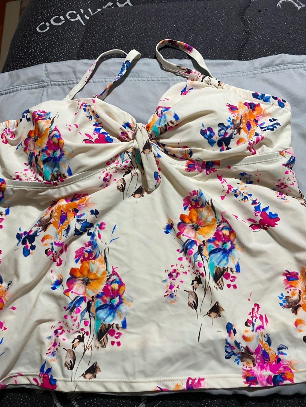 Floral Twist Front Tankini Top - Cream Base with Multicolor Flowers